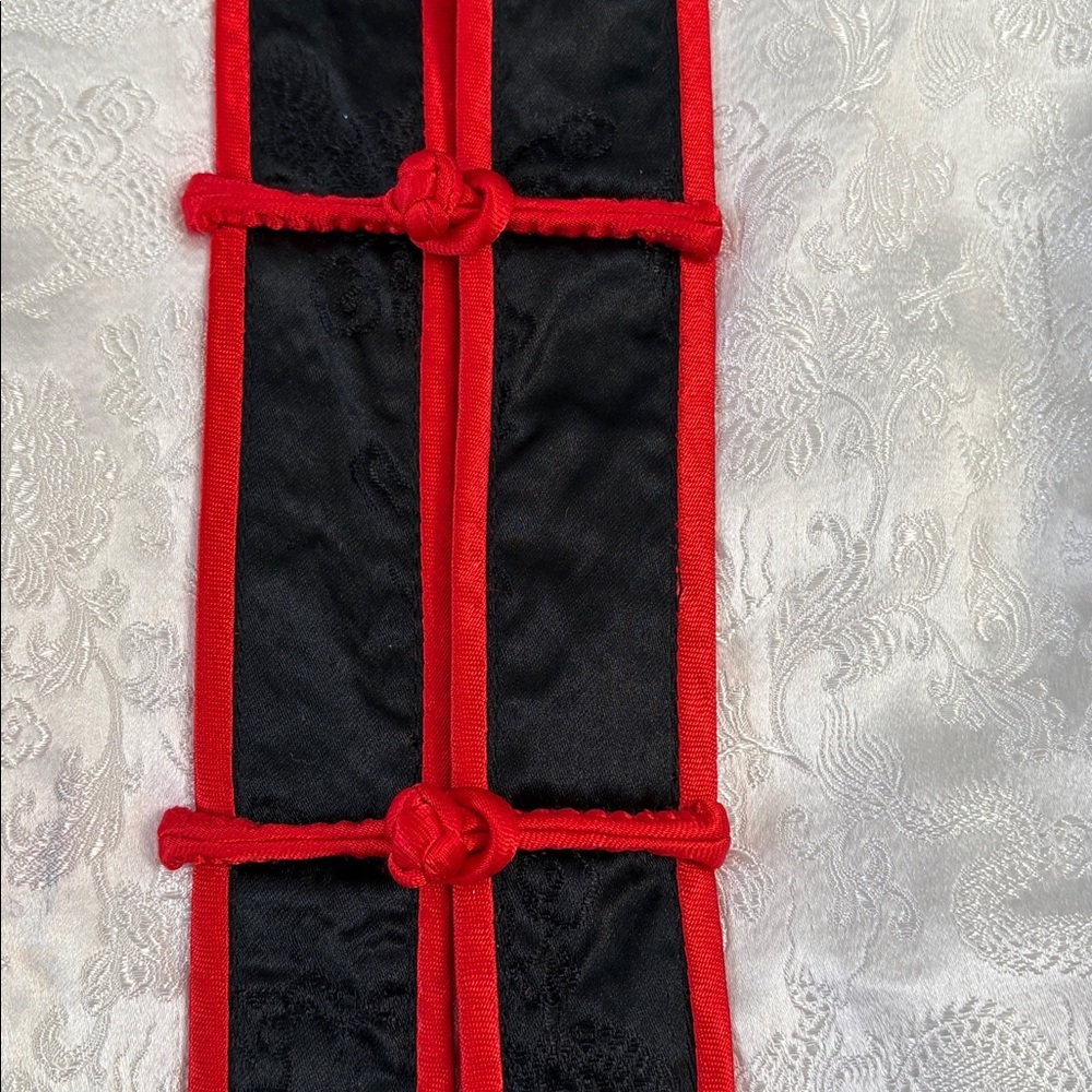 Chinese Style Brocade Jacket / Tang-Style – White with Red & Black Trim Size S. - Picture 2 of 3